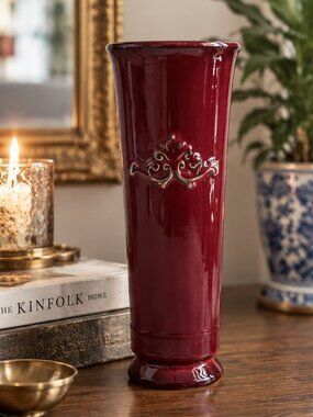 Vintage HOSLEY USA Pottery Vase Tall Cranberry Glazed Antiqued Floral Scroll